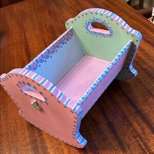 Doll Cradle- Wooden- Handpainted- 9” long
